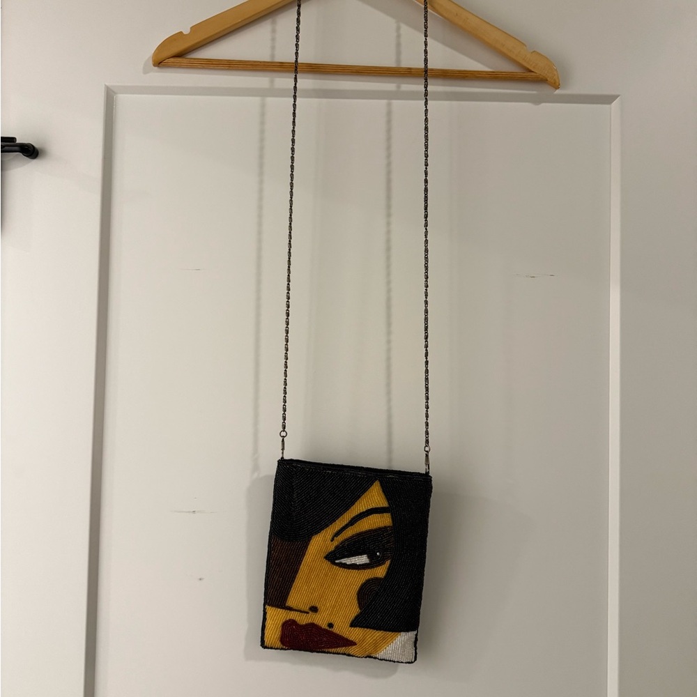 Artistic Black and Yellow Beaded Crossbody Bag